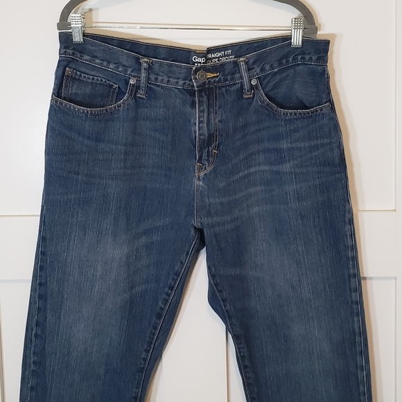 Gap Mens Straight Fit Hi Rise Jeans Size 35 x 32 100% Cotton Whiskering - Picture 2 of 12